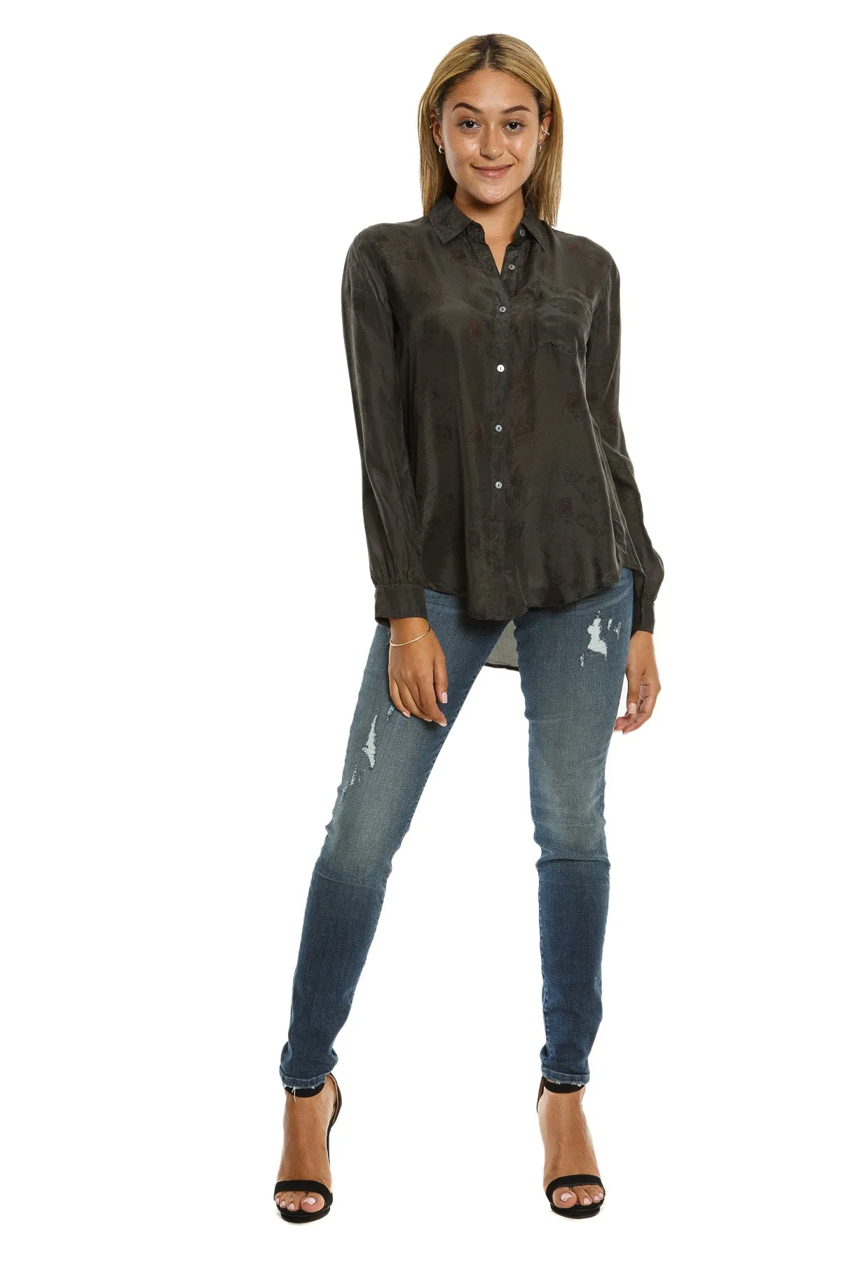 100% Silk long sleeve blouse in Charcoal