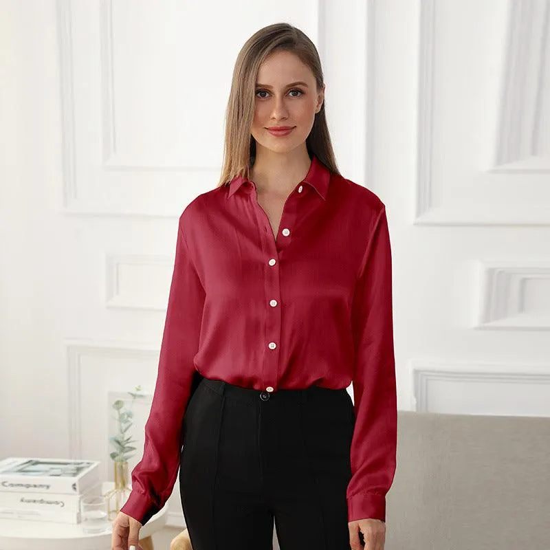 22MM Classic Womens Silk Blouse Long Sleeves Silk Shirts Pure Color Business Silk Top