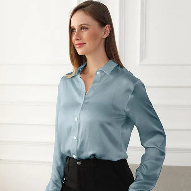 22MM Classic Womens Silk Blouse Long Sleeves Silk Shirts Pure Color Business Silk Top