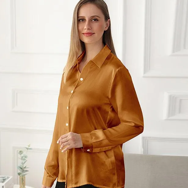 22MM Classic Womens Silk Blouse Long Sleeves Silk Shirts Pure Color Business Silk Top