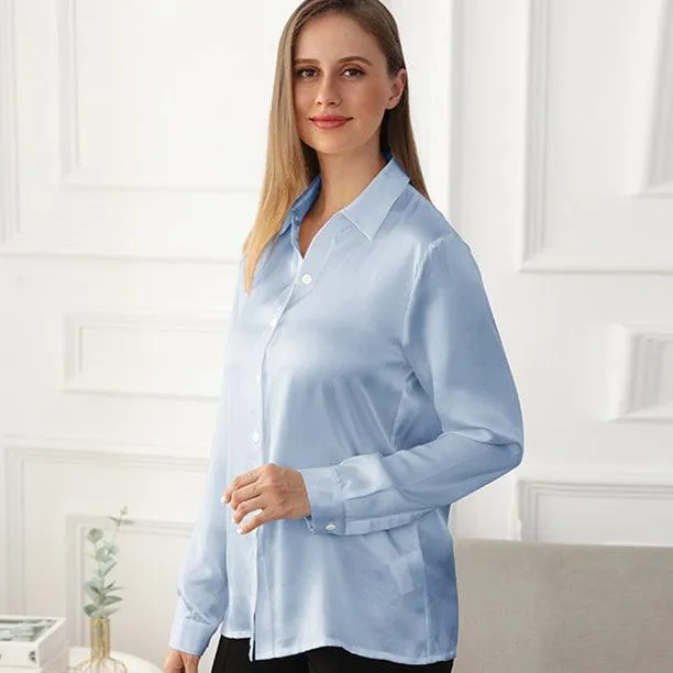 22MM Classic Womens Silk Blouse Long Sleeves Silk Shirts Pure Color Business Silk Top