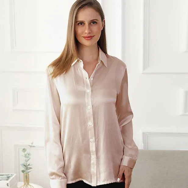 22MM Classic Womens Silk Blouse Long Sleeves Silk Shirts Pure Color Business Silk Top