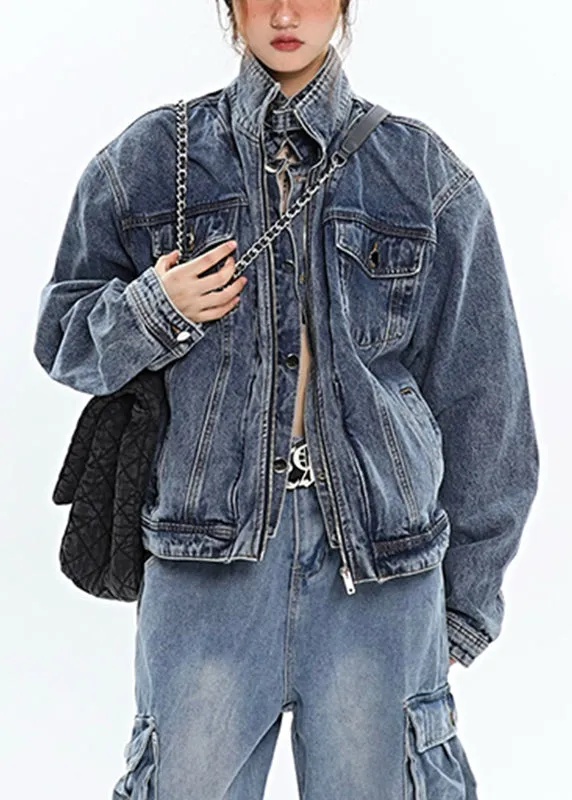 Art Blue Stand Collar Patchwork Zippered Denim Coats Long Sleeve