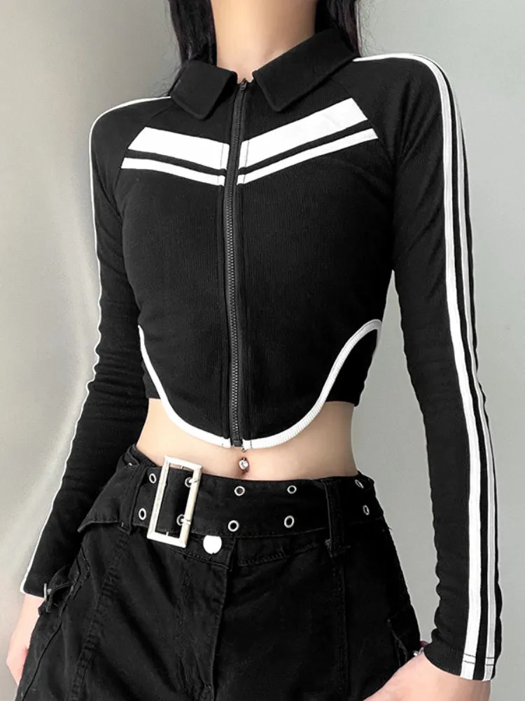 Black Stripe Spliced Zip-Up Top