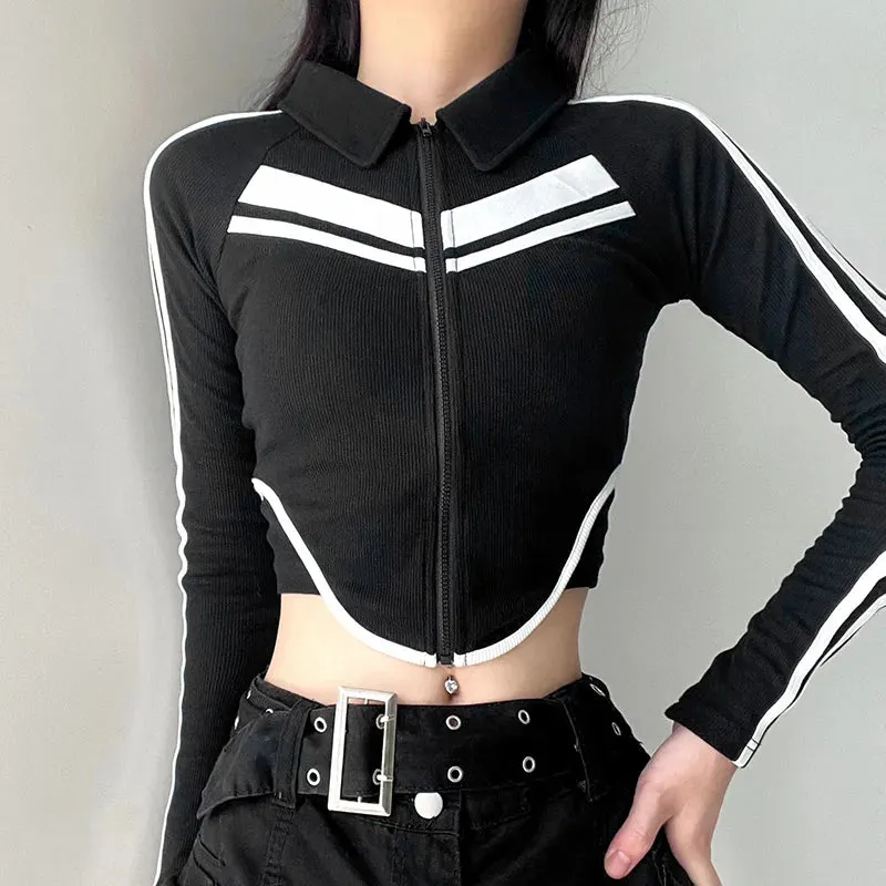 Black Stripe Spliced Zip-Up Top