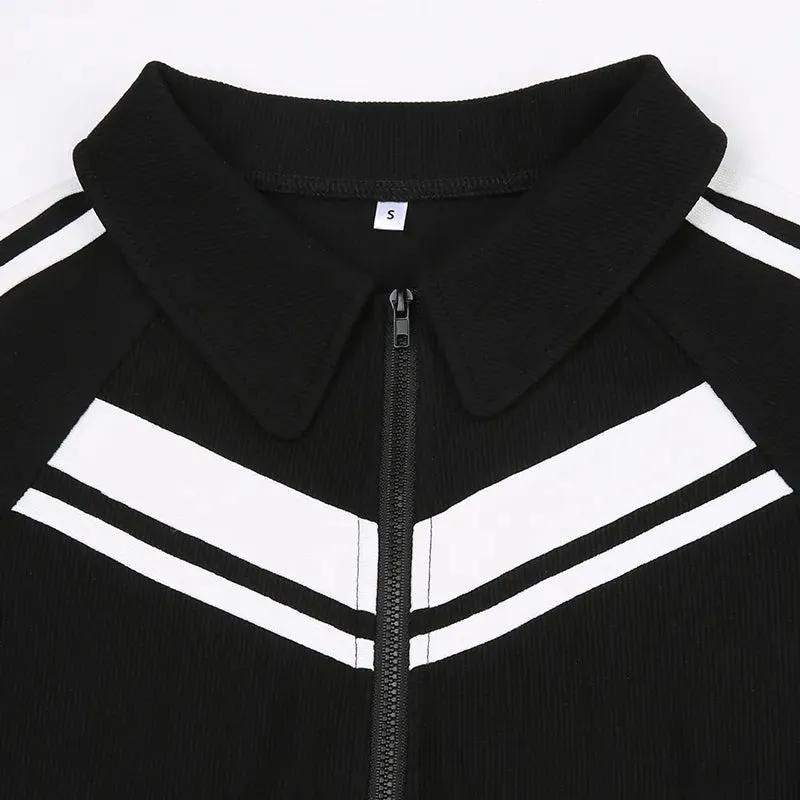 Black Stripe Spliced Zip-Up Top