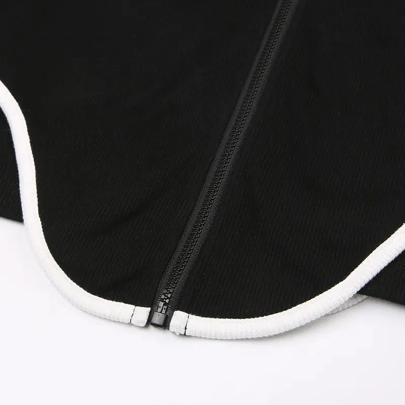 Black Stripe Spliced Zip-Up Top