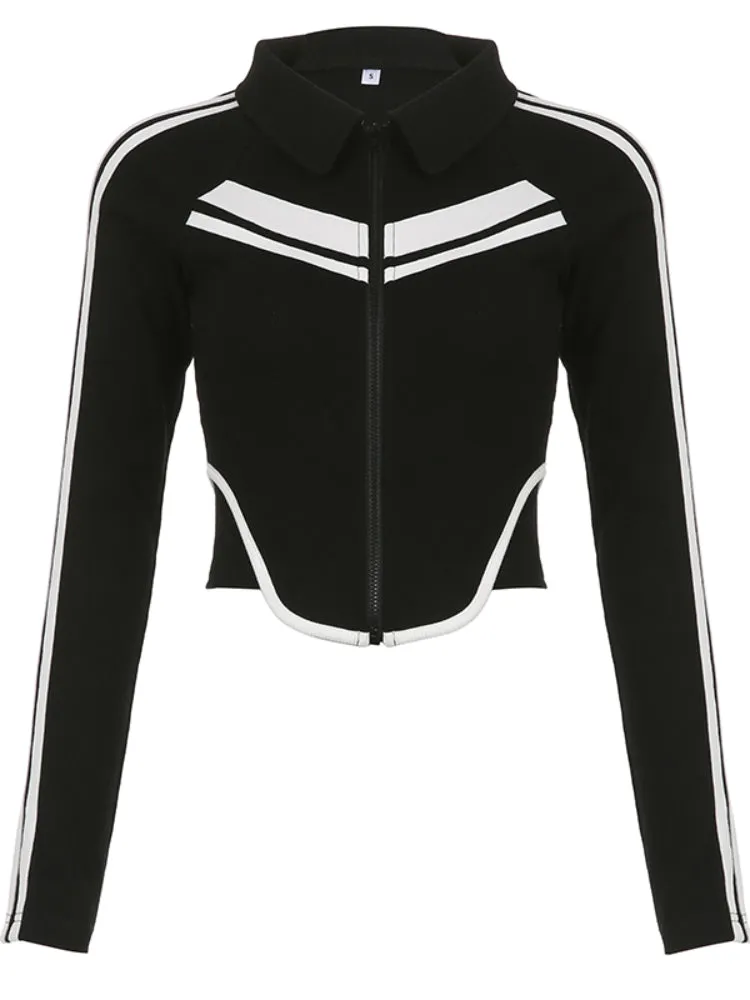 Black Stripe Spliced Zip-Up Top