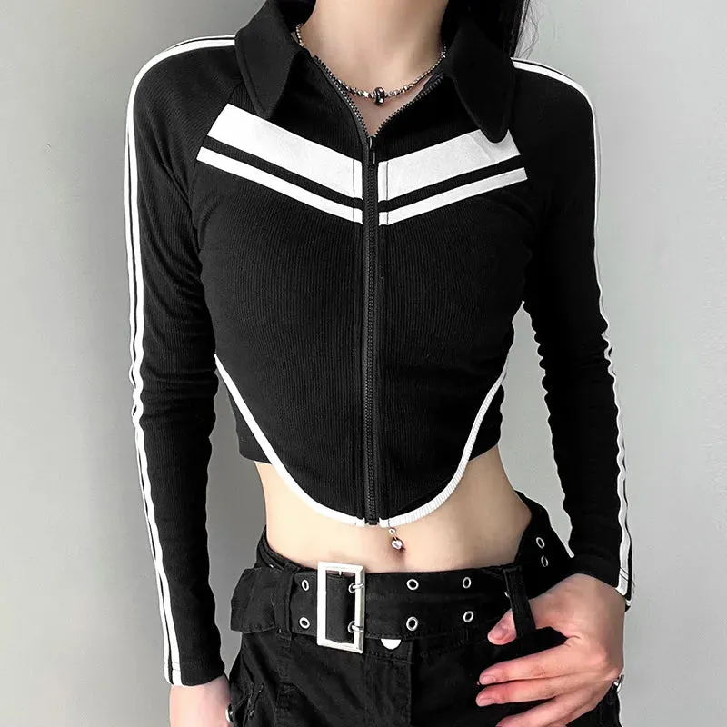 Black Stripe Spliced Zip-Up Top