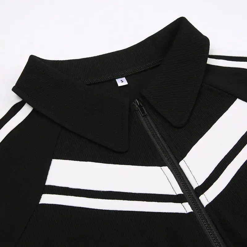 Black Stripe Spliced Zip-Up Top