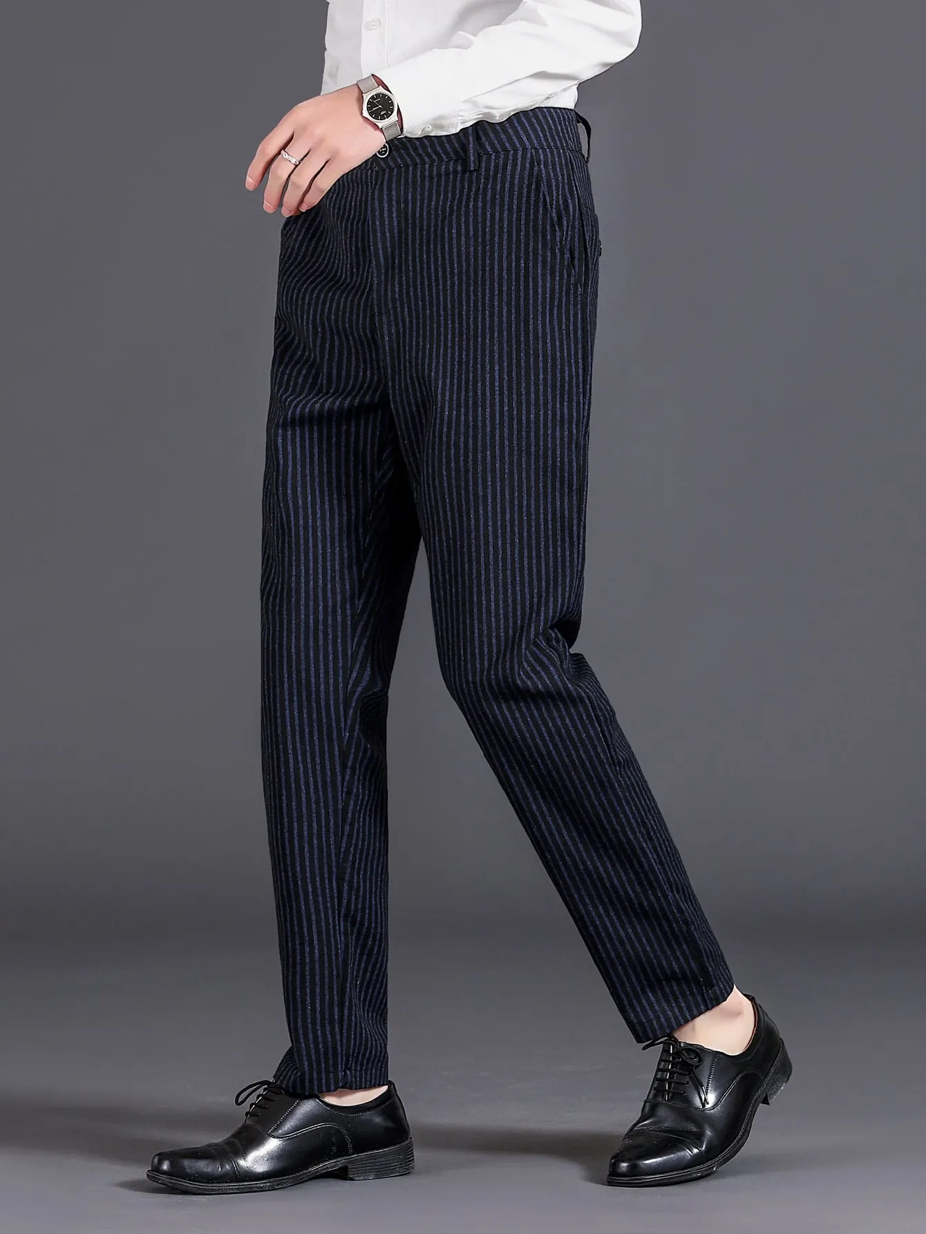 Black Striped Print Slant Pocket Tailored Pants