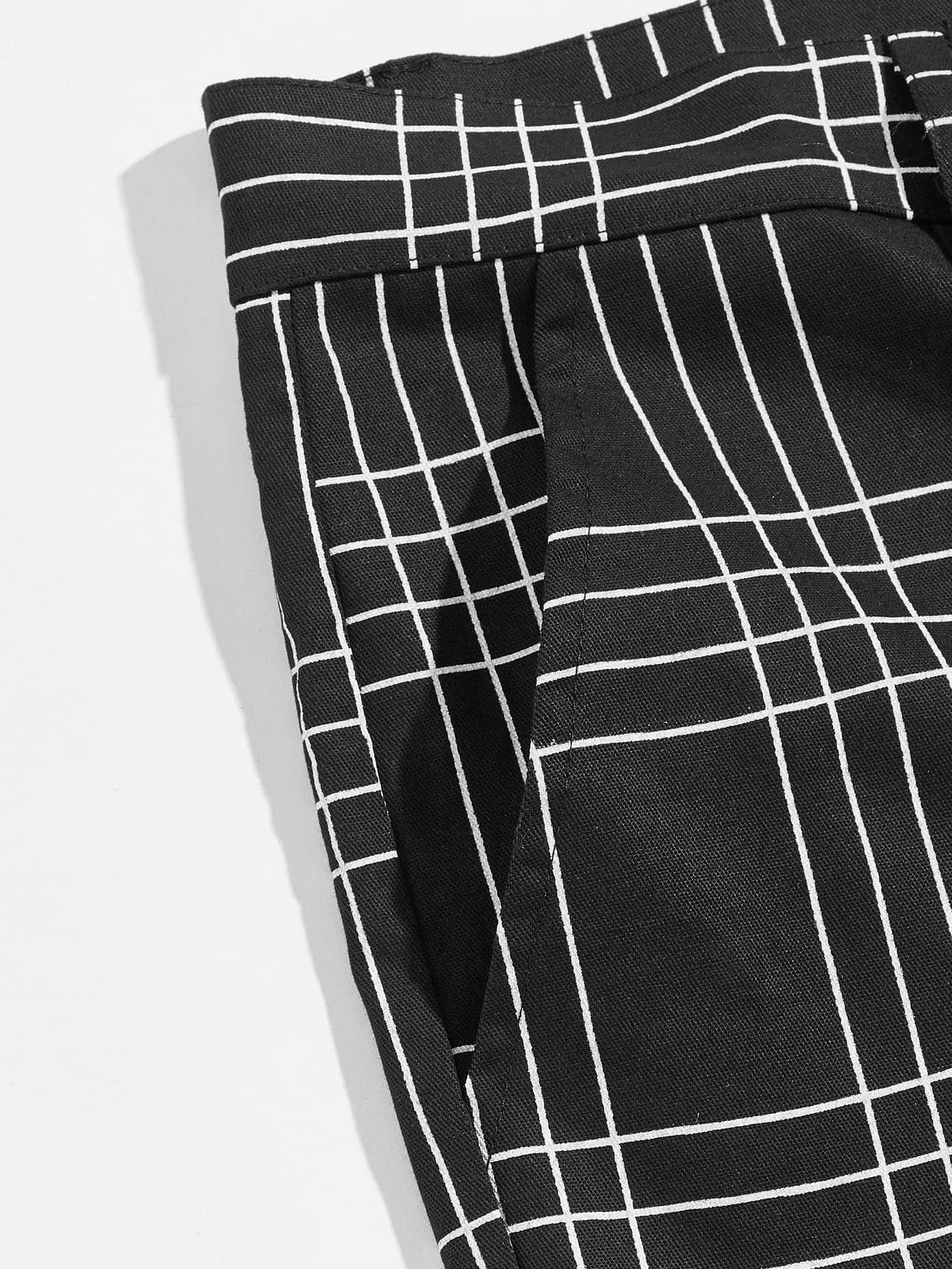 Black White Plaid Zipper Fly Tailored Trousers