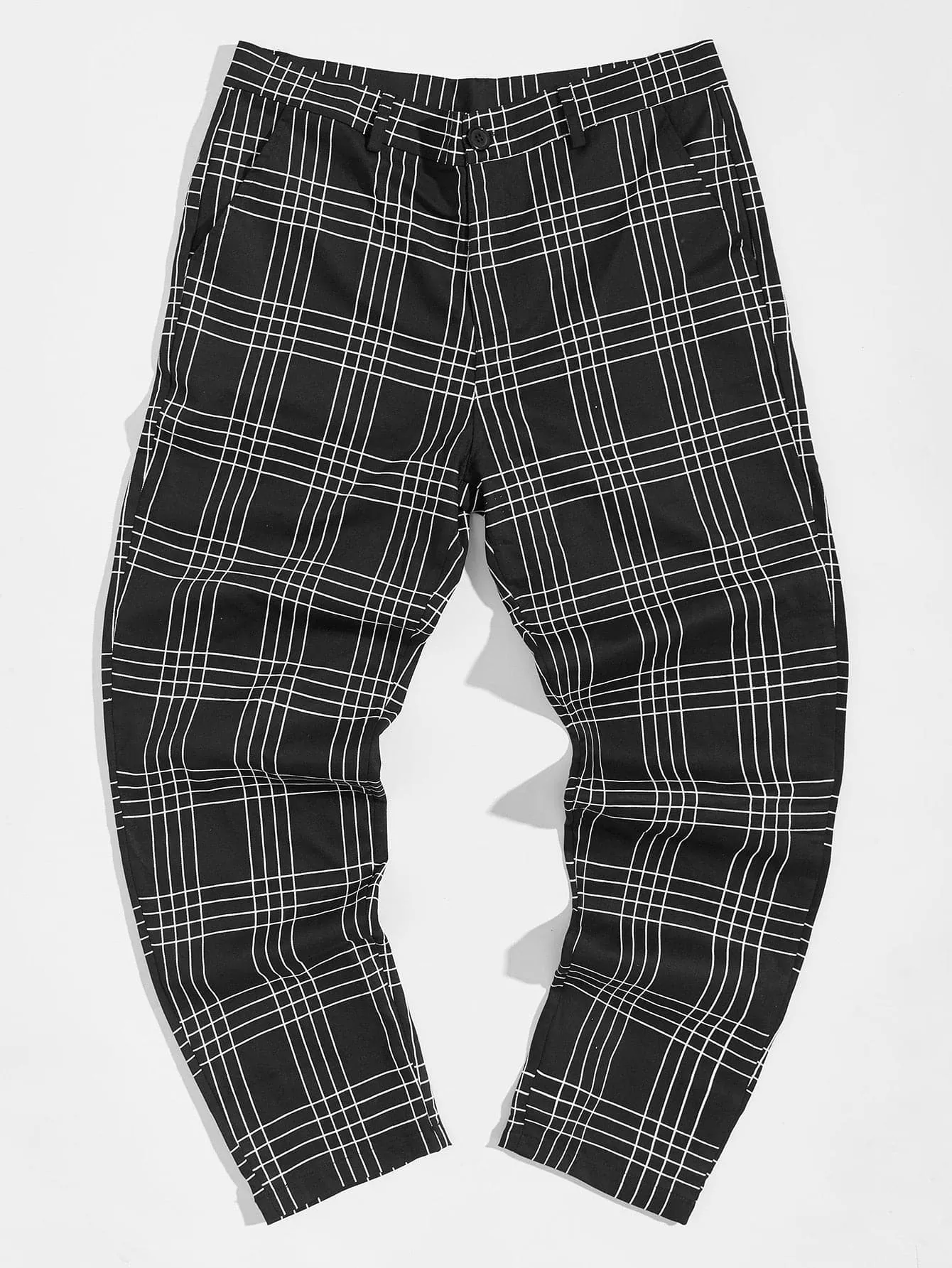 Black White Plaid Zipper Fly Tailored Trousers