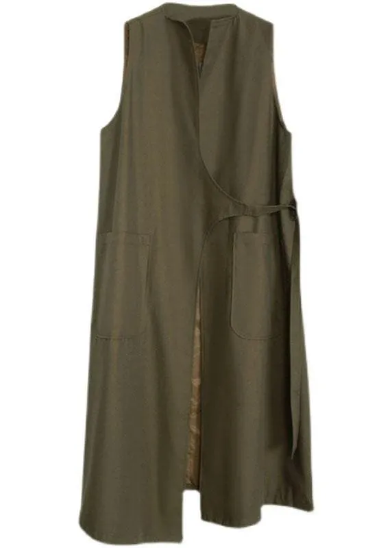 Boho Army Green Asymmetrical Design Pockets Fall Long Waistcoat