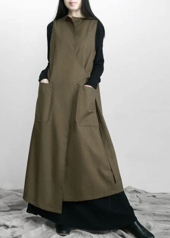 Boho Army Green Asymmetrical Design Pockets Fall Long Waistcoat