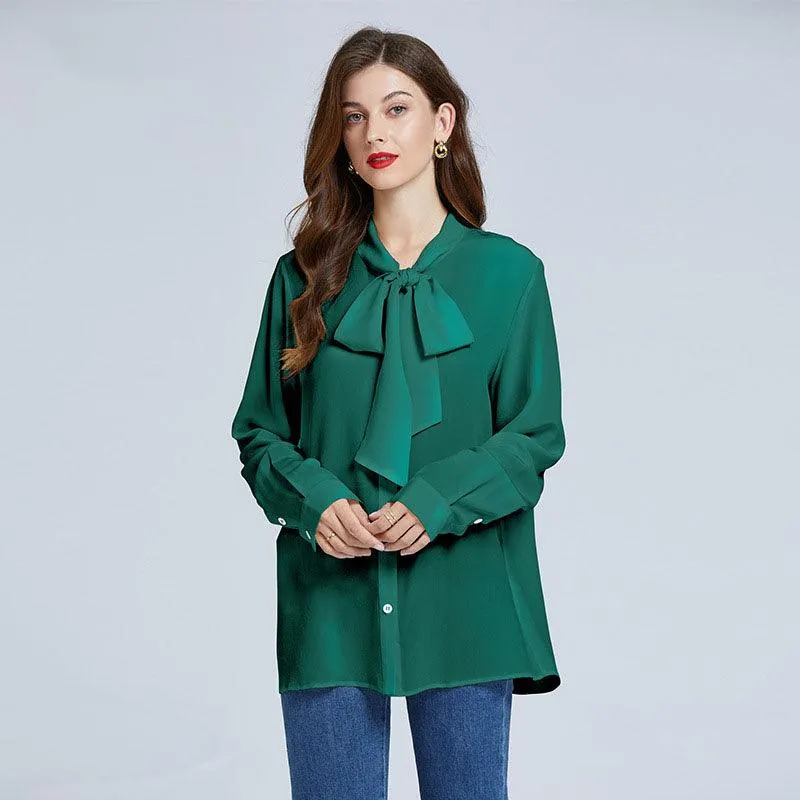 Chic Womens Silk Blouse Long Sleeves Silk Shirts Pure Color Bow Elegant Silk Top