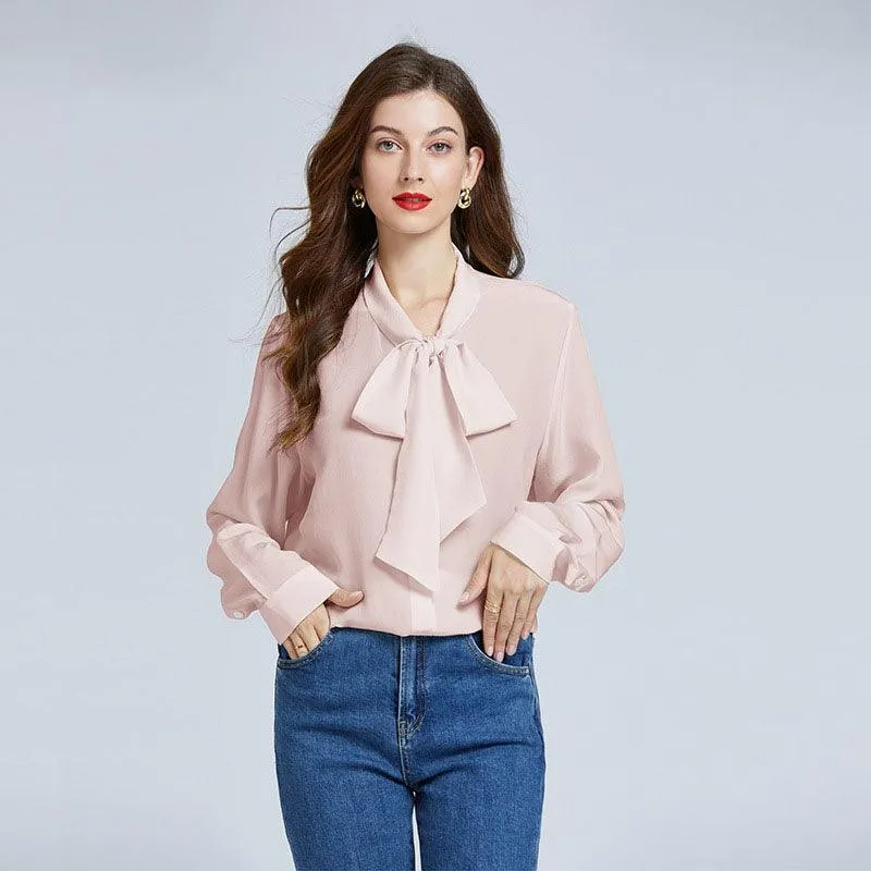 Chic Womens Silk Blouse Long Sleeves Silk Shirts Pure Color Bow Elegant Silk Top