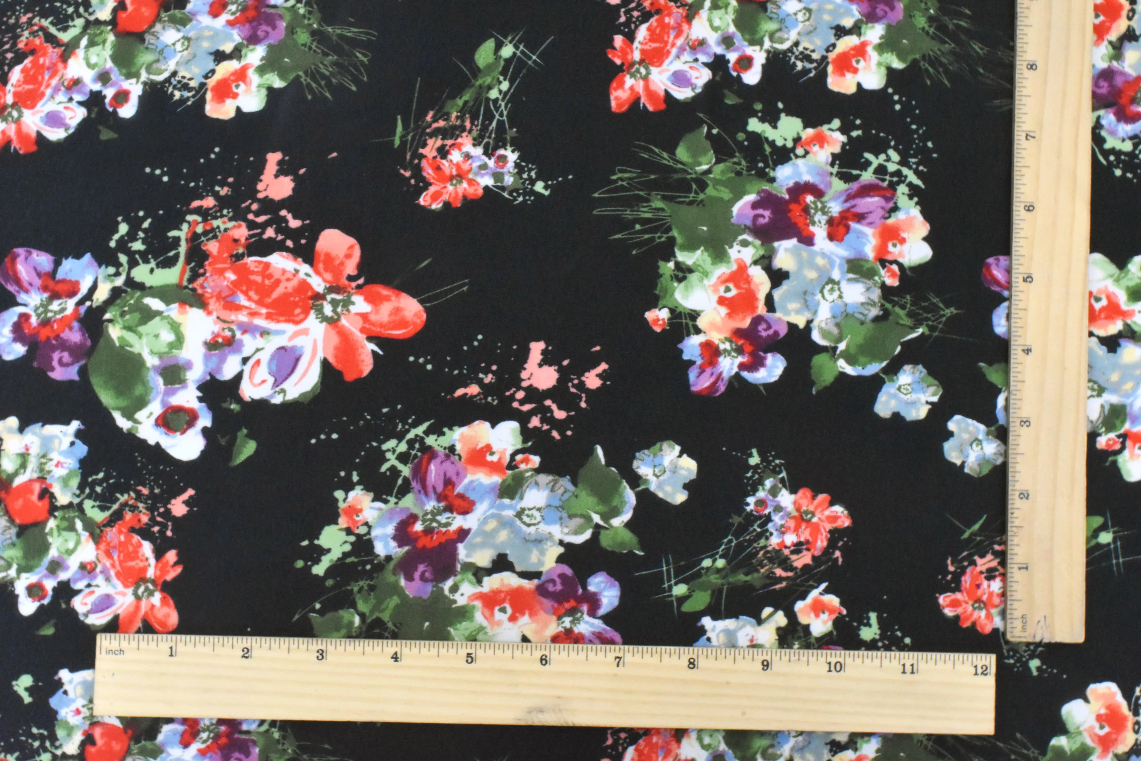 Classic Black-Red-Multi Watercolor Floral Printed Poly Chiffon Woven Fabric