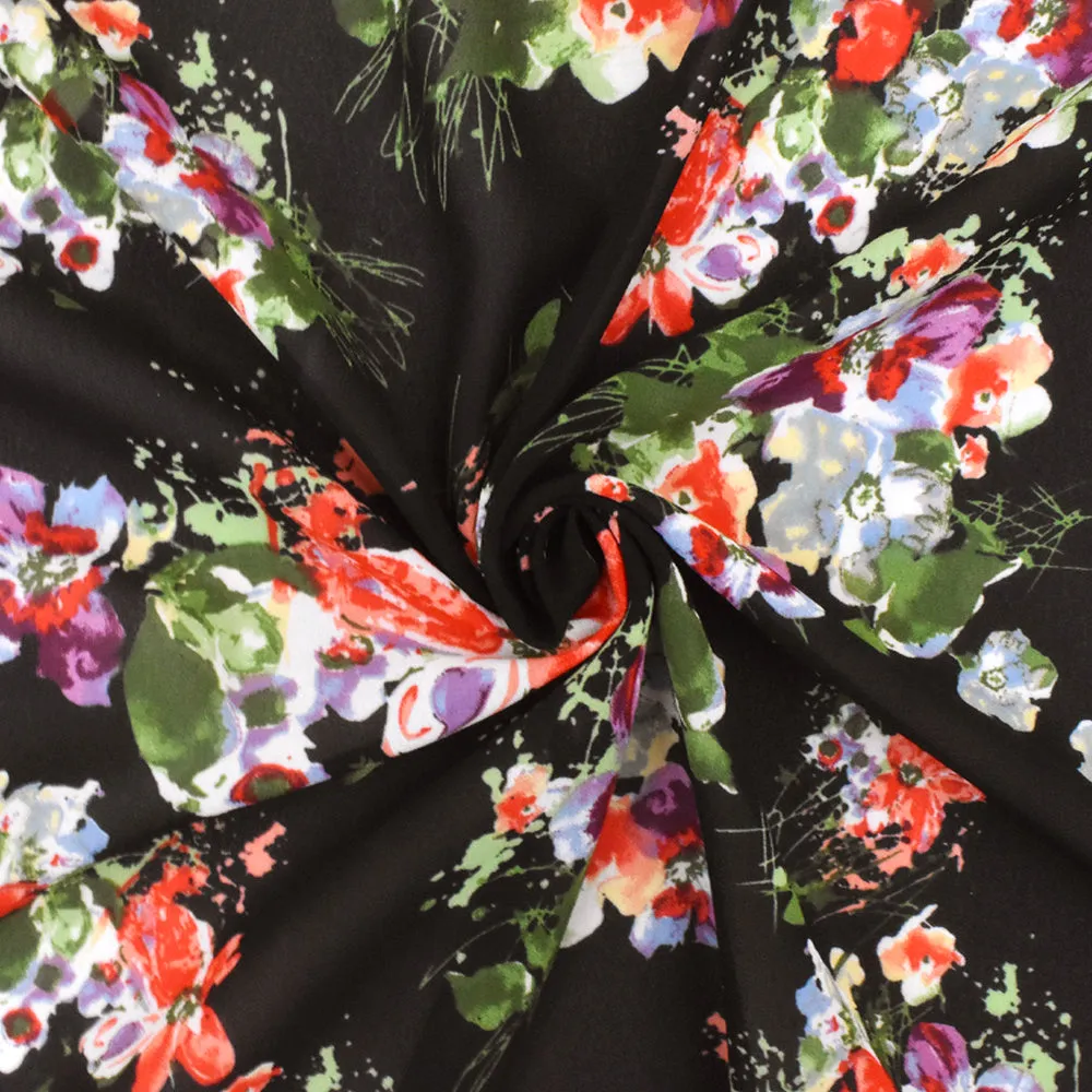 Classic Black-Red-Multi Watercolor Floral Printed Poly Chiffon Woven Fabric