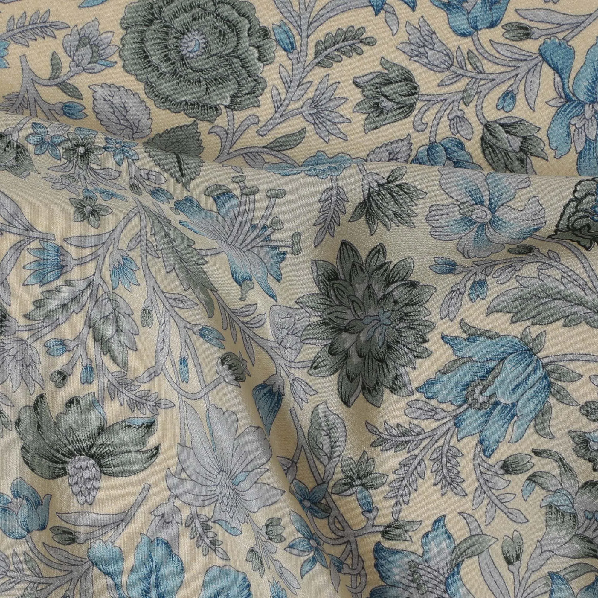 Classic Blue and Grey Floral Tapestry Crepe Silk Fabric, 110cm Width - Timeless Elegance for Luxurious Creations-D18918