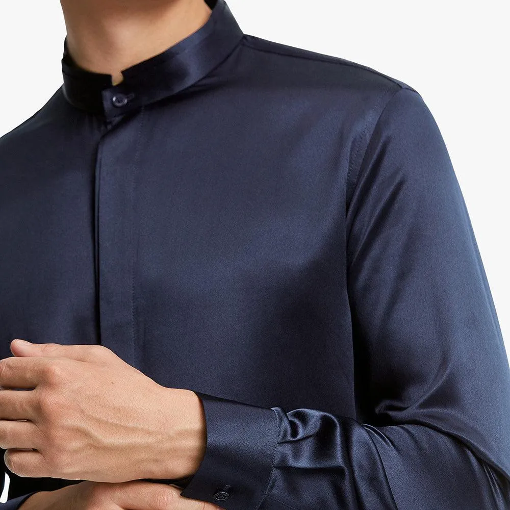 Classic Long Sleeves Silk Shirts For Mens Stand Collar Hidden Button Silk Top