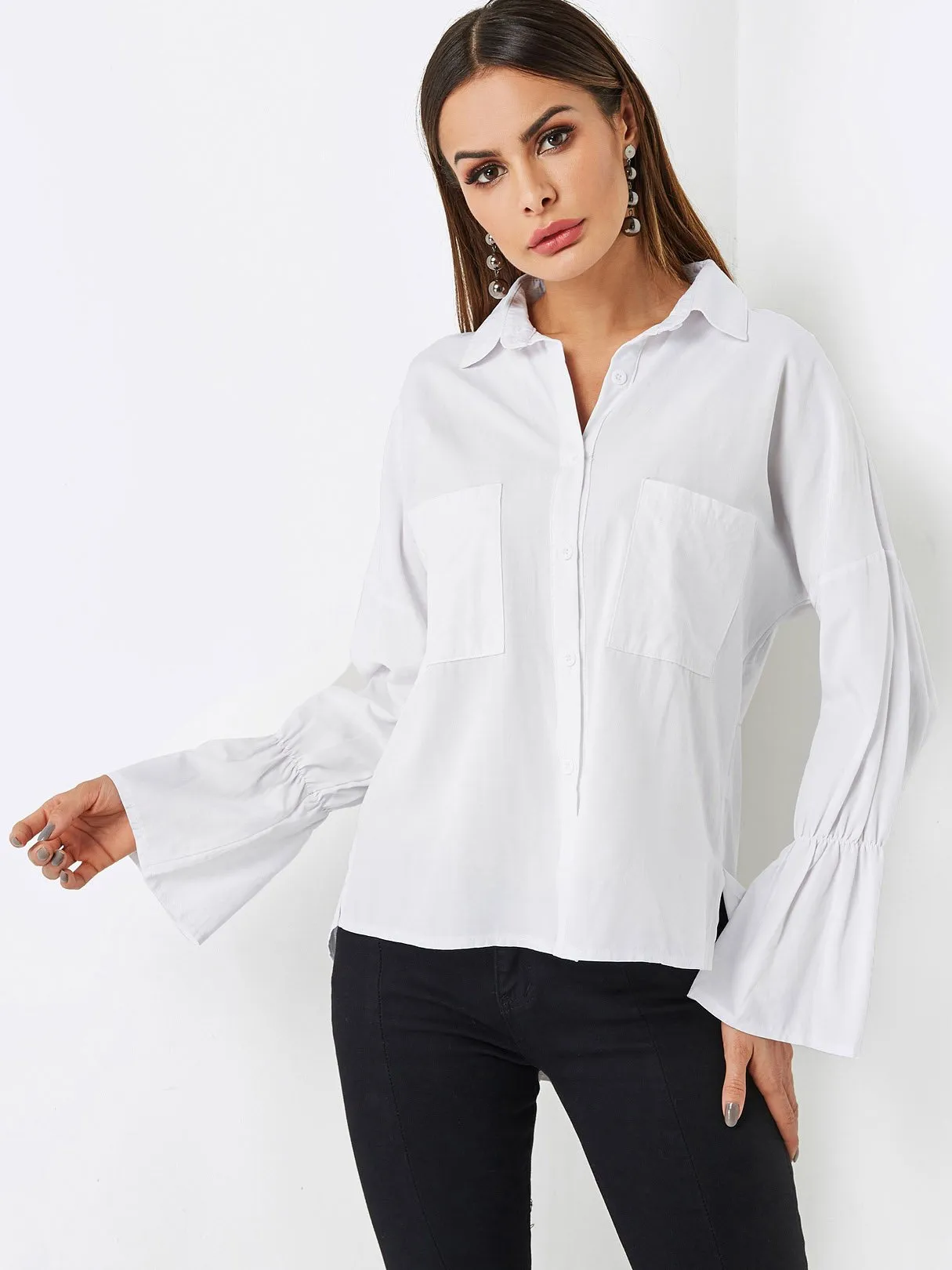 Custom Classic Collar Side Pockets Long Sleeve White Blouses