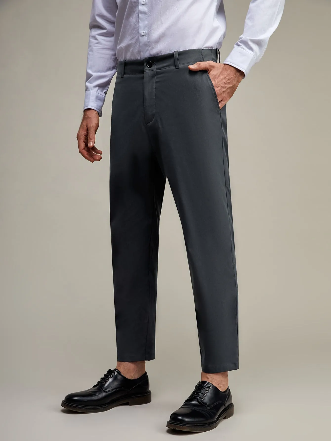 Dark Grey Solid Zipper Fly Tailored Trousers