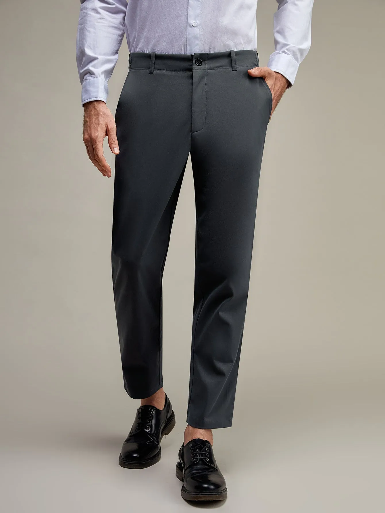 Dark Grey Solid Zipper Fly Tailored Trousers