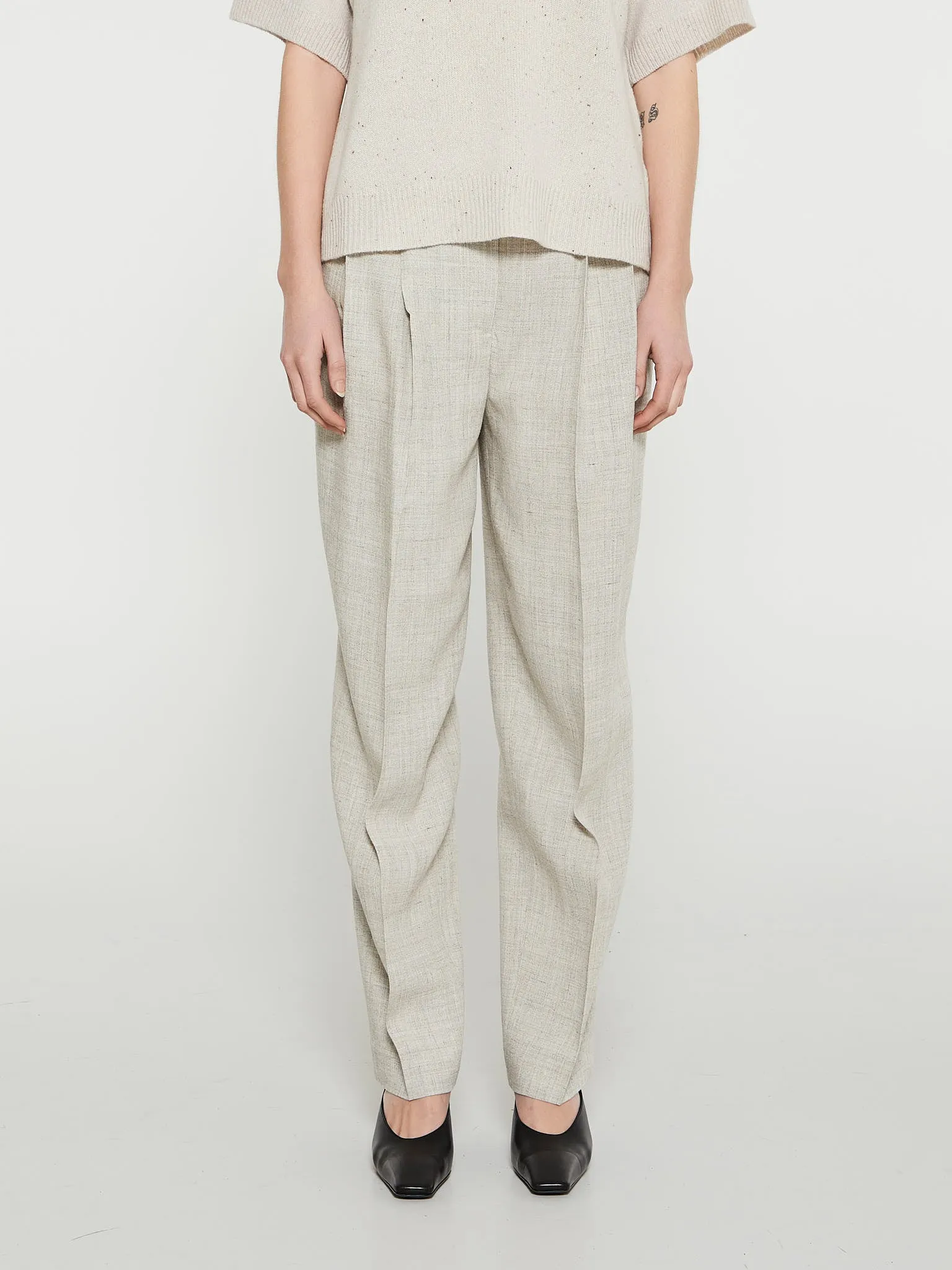 Double-Pleated Tailored Trousers in Oat Melange