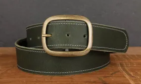 Forest Green Stitched Leather Belt with Antique Brass Buckle