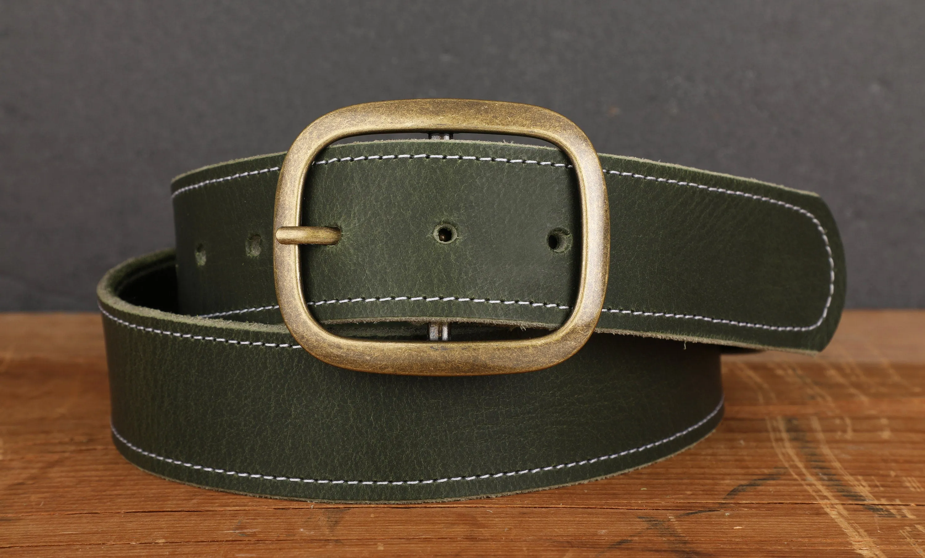 Forest Green Stitched Leather Belt with Antique Brass Buckle