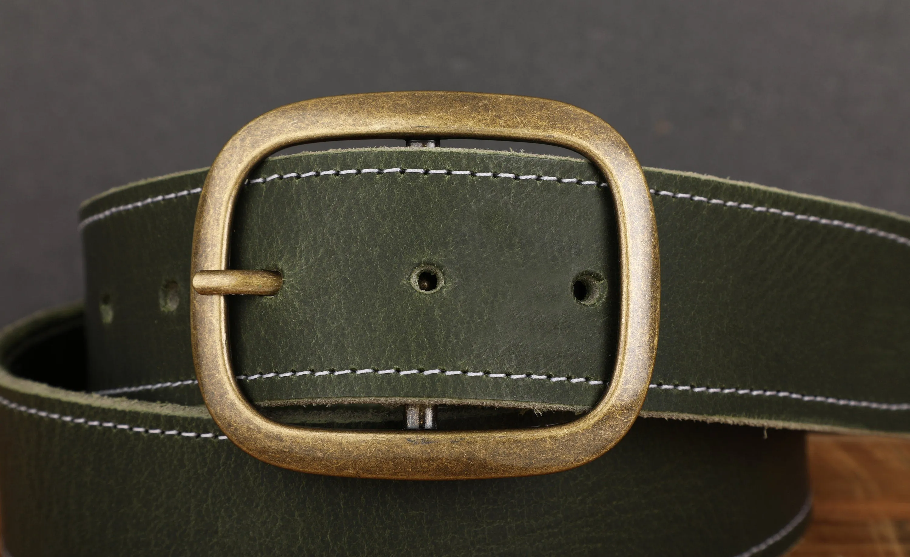 Forest Green Stitched Leather Belt with Antique Brass Buckle