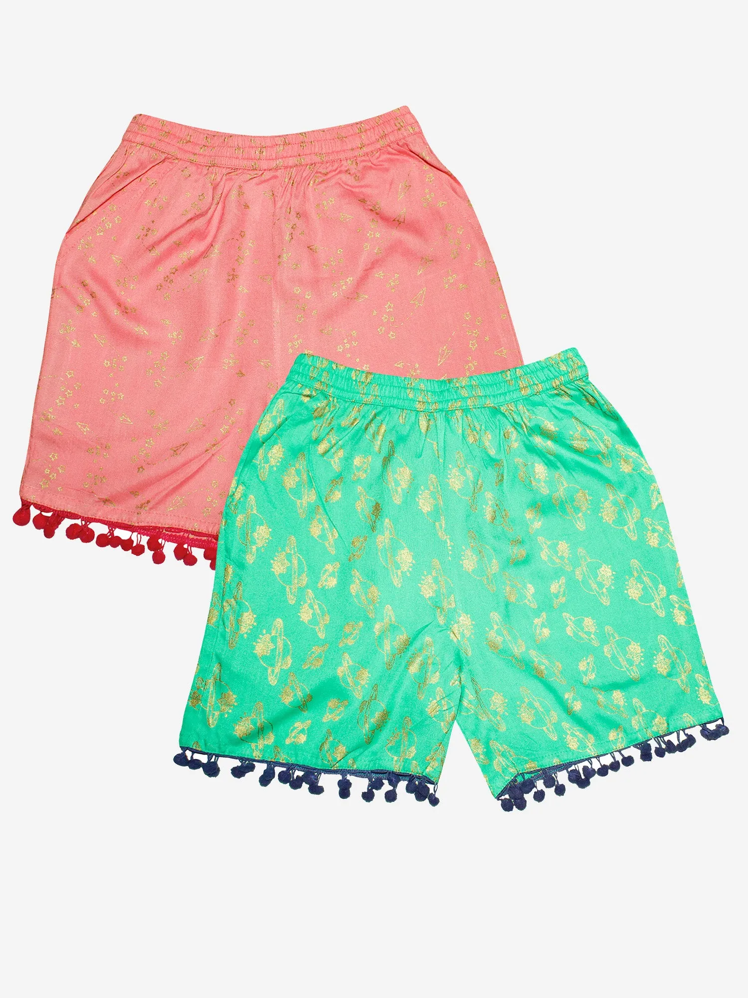 Girls Printed Rayon Shorts with Lace- Pack of 2