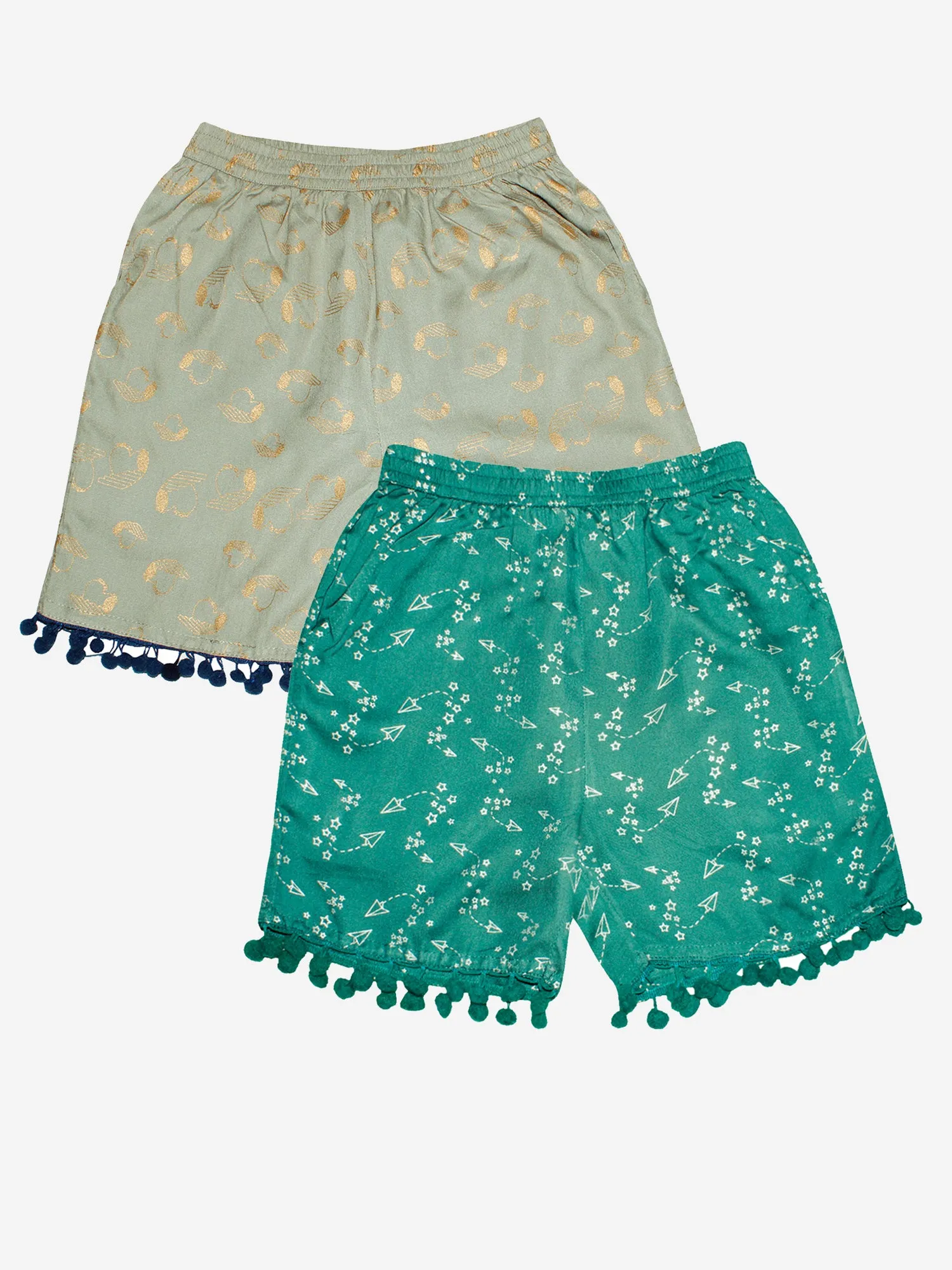 Girls Printed Rayon Shorts with Lace- Pack of 2