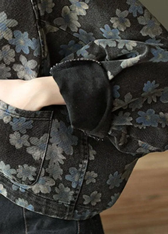 Handmade Black Floral Pockets Denim Long sleeve Short Coats