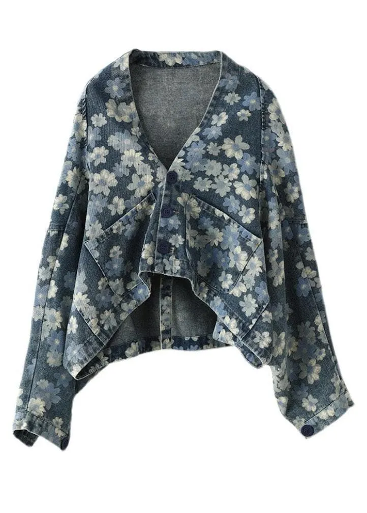 Handmade Black Floral Pockets Denim Long sleeve Short Coats