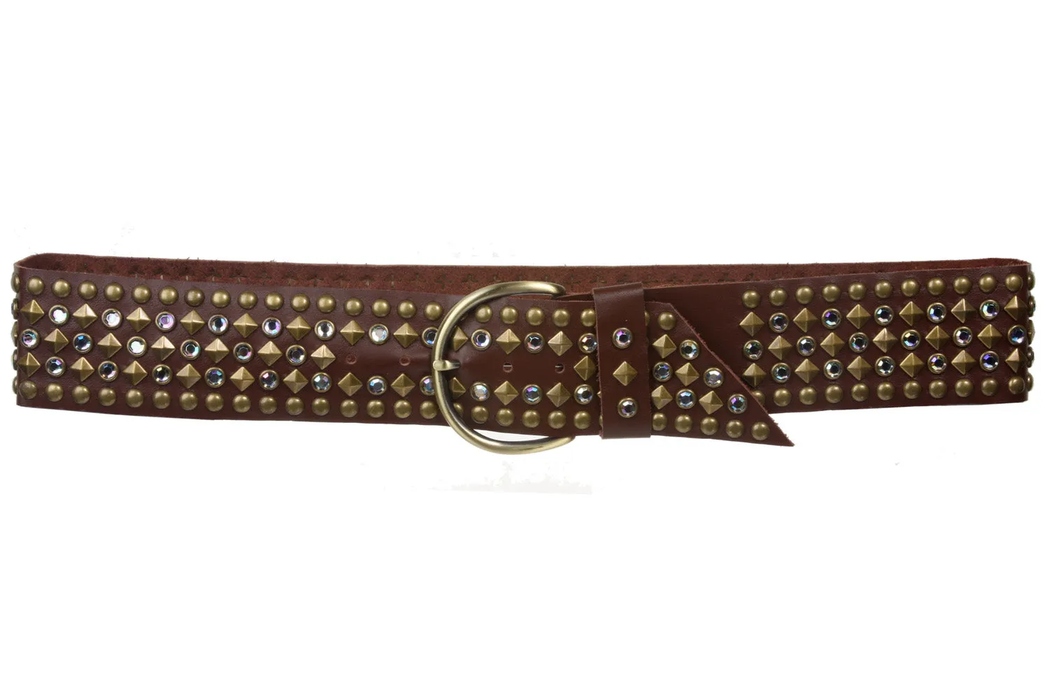 Ladies 2 1/4 Inch Rhinestone Studded Genuine Leather Sash Belt