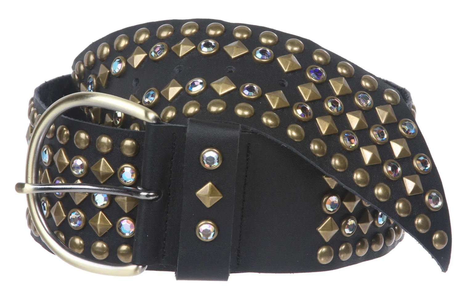 Ladies 2 1/4 Inch Rhinestone Studded Genuine Leather Sash Belt