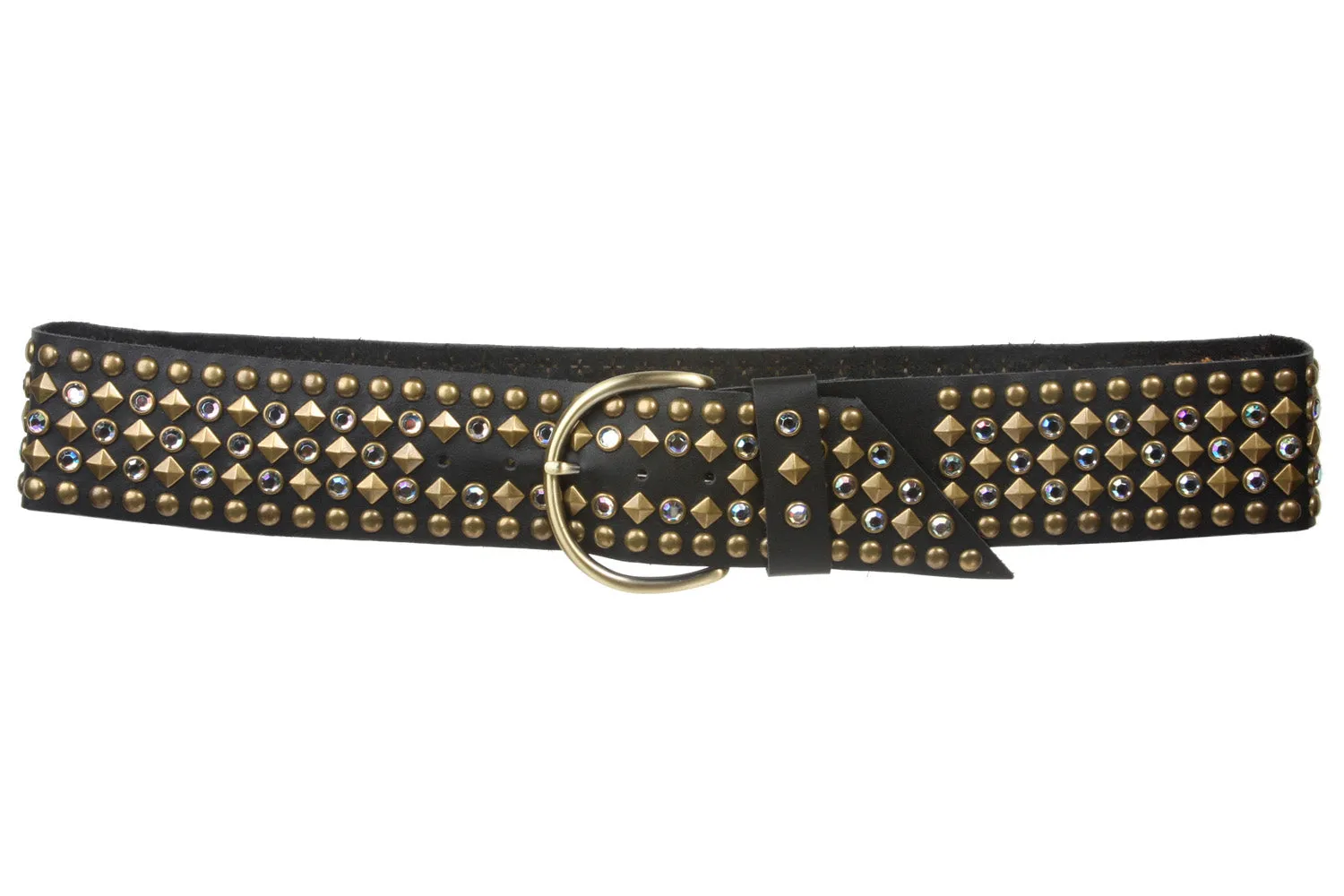 Ladies 2 1/4 Inch Rhinestone Studded Genuine Leather Sash Belt