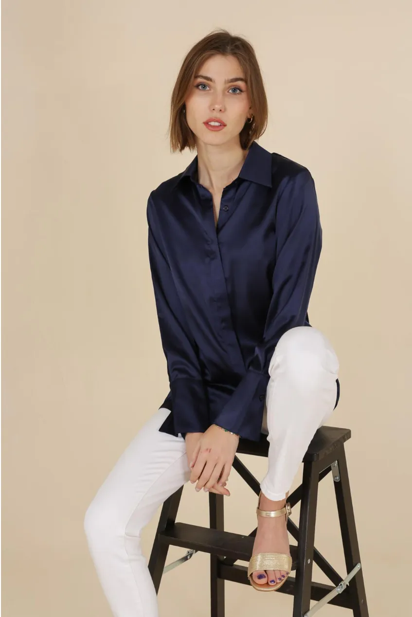 Long Sleeve Satin Shirt - Navy