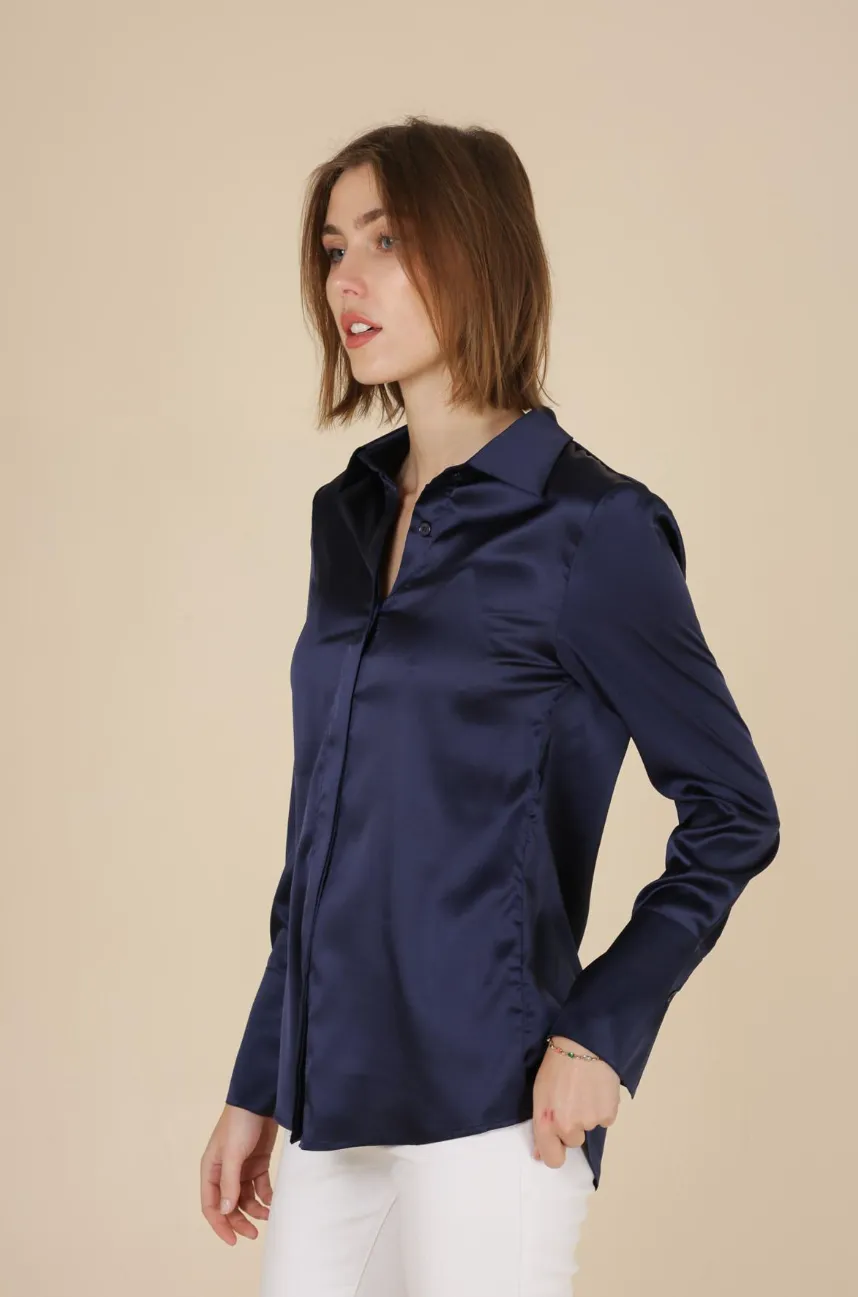 Long Sleeve Satin Shirt - Navy