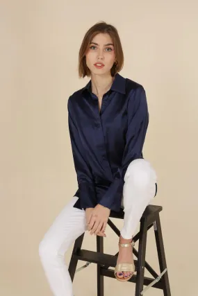 Long Sleeve Satin Shirt - Navy