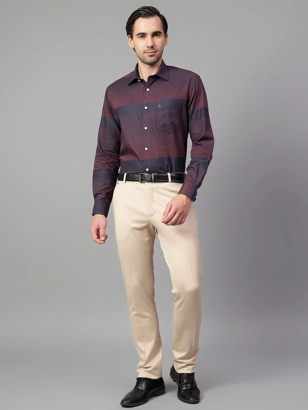 Men's Maroon Self Design Full Sleeve Formal Shirt