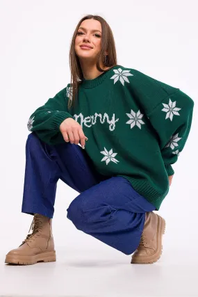 MOE Green "Merry" Written Oversized Snowflake Christmas Sweater ❄️