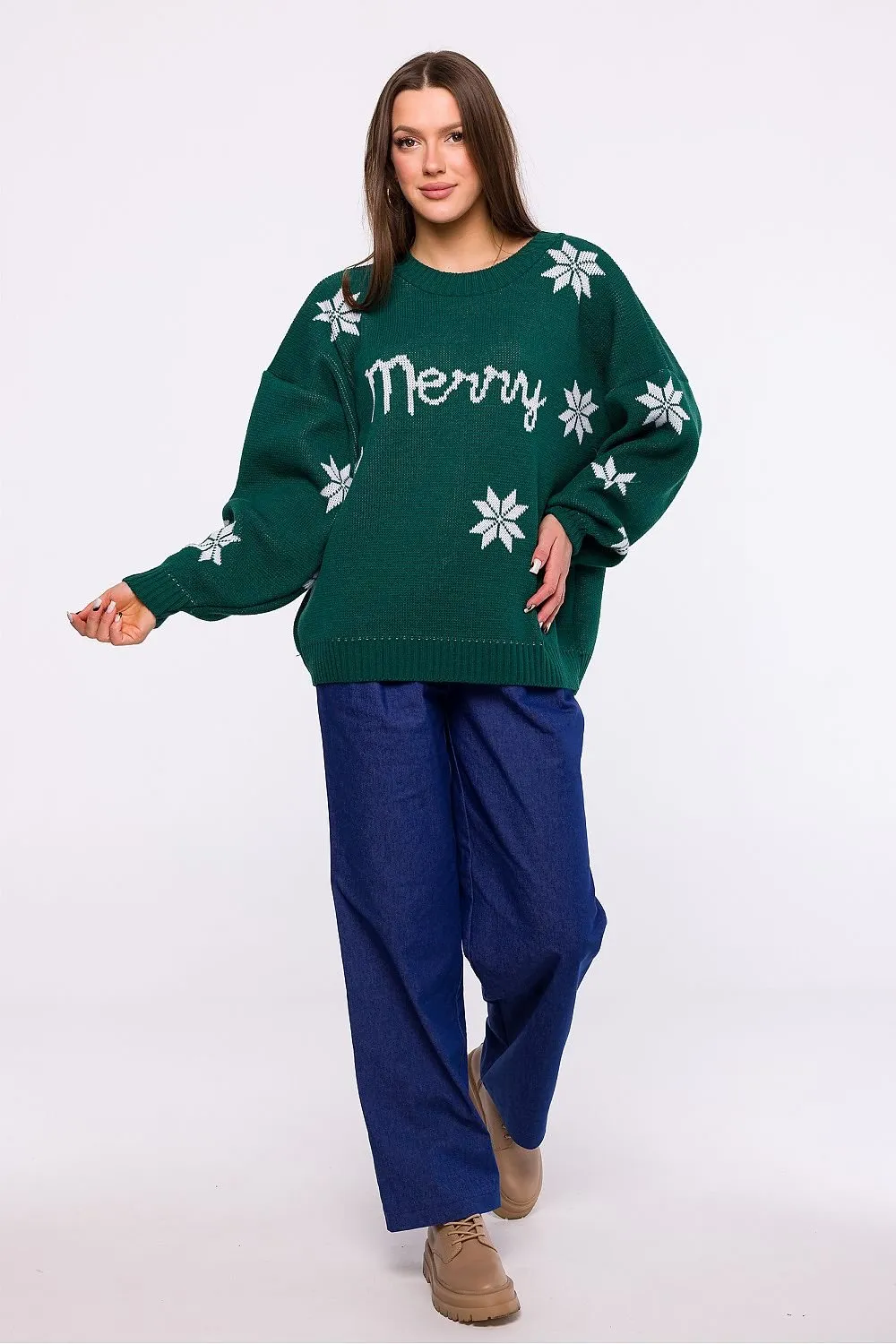 MOE Green "Merry" Written Oversized Snowflake Christmas Sweater ❄️