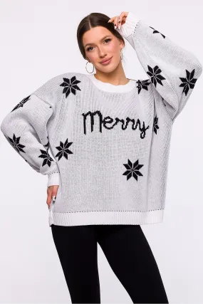 MOE White "Merry" Written Oversized  Snowflake Christmas Sweater ❄️