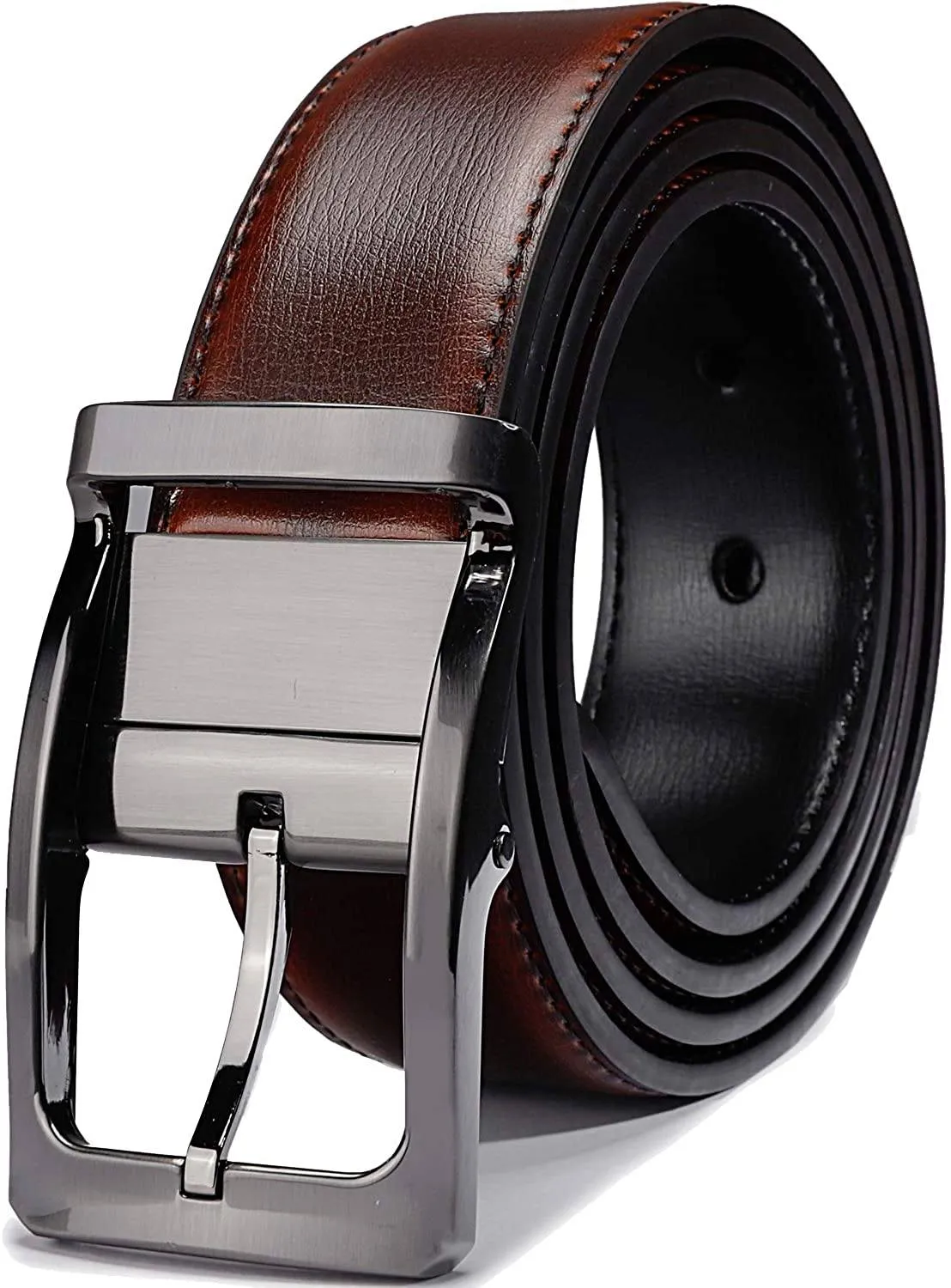 MRoyale™ Men's Reversible Leather Belt | 1.25” Waist Strap Silver Buckle | 2-in-1 Design