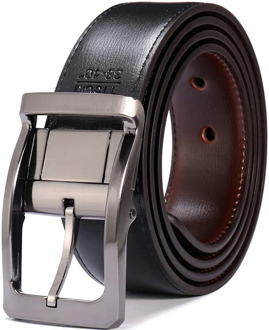 MRoyale™ Men's Reversible Leather Belt | 1.25” Waist Strap Silver Buckle | 2-in-1 Design