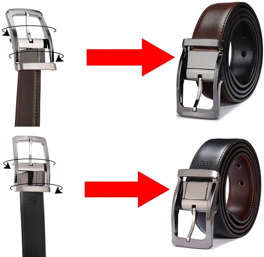 MRoyale™ Men's Reversible Leather Belt | 1.25” Waist Strap Silver Buckle | 2-in-1 Design