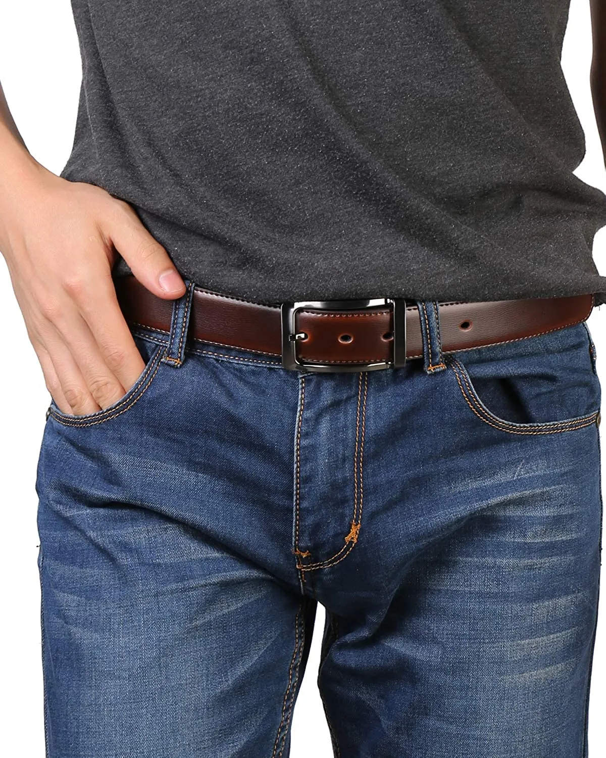 MRoyale™ Men's Reversible Leather Belt | 1.25” Waist Strap Silver Buckle | 2-in-1 Design